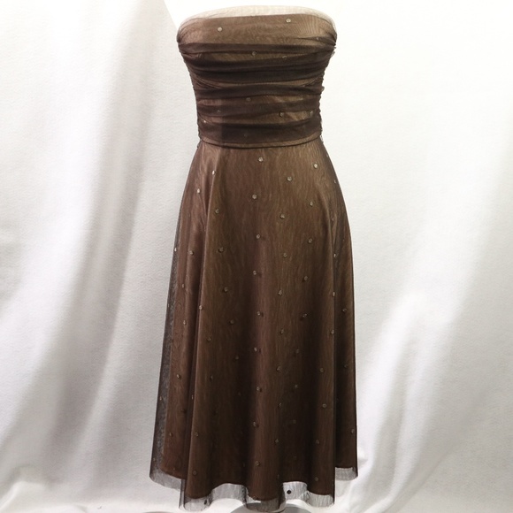 ELIZA J CHOCOLATE & GOLD DOTS TULLE DRESS SZ 6 - Picture 1 of 8